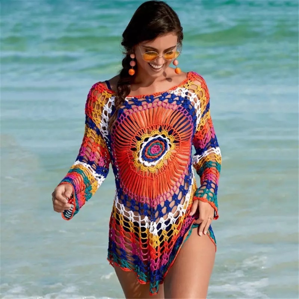 Boho Rainbow Colored Crochet Knit Hollow-Out Beach Coverup - Picture 7 of 16